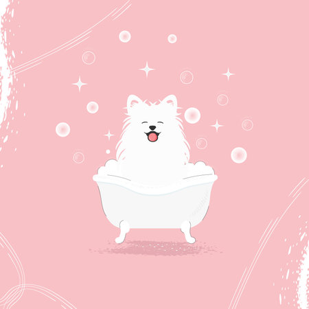 A cute white fluffy dog sitting and smiling with his tongue sticking out in a tub of bubbles. grooming salon conceptのイラスト素材