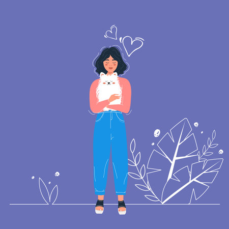 A woman cuddling her pet Spitz dog, holding her in her arms. Love for pets. vector illustration.のイラスト素材