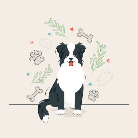 Happy cartoon puppy sitting, Portrait of a cute aussie dog. Australian shepherd dog. vector illustration.のイラスト素材