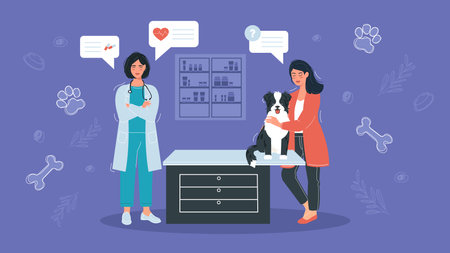 Veterinarian and doctor with a dog on the counter at the veterinary clinic. illustration in cartoon flat style.のイラスト素材
