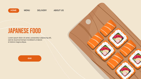 Asian food restaurant landing page with an illustration of rolls on a wooden board. vectorのイラスト素材
