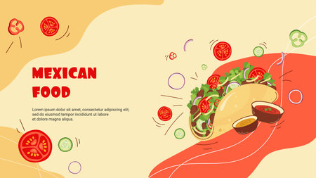 Banner template for website to promote a Mexican restaurant, bar with an illustration of a traditional vegetable chicken tacos. vectorのイラスト素材