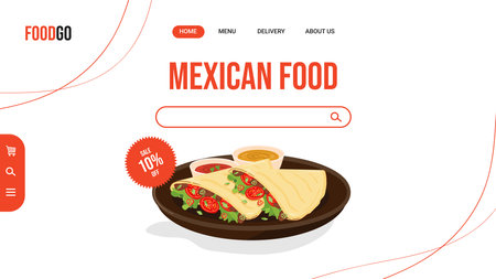 Banner template for Latin American food delivery website. Traditional Mexican quesadillas two pieces with sauces on a plate. flat vector illustrationのイラスト素材