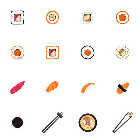 Flat style icons of Japanese food, sushi and rolls, ramen, sticks on white background. For application design, Asian food delivery website. vectorのイラスト素材