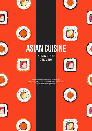 Flyer design with seamless pattern with rolls. Japanese Asian food menu. vector illustration. Banner, promo, advertising.のイラスト素材