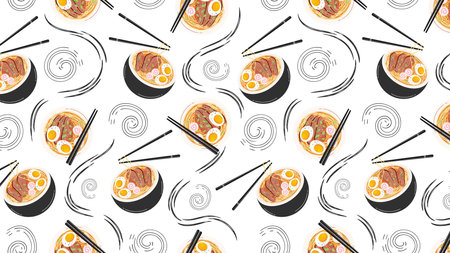 Horizontal background with Seamless pattern with Japanese ramen soup. Asian food for printing on paper, textiles, for banners and backgrounds. vectorのイラスト素材