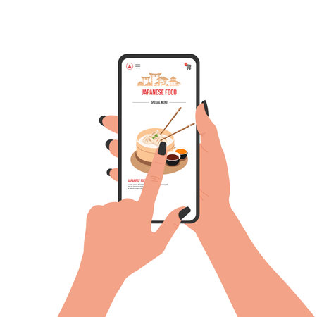 Illustration with a mobile app for Asian food delivery. Girl ordering food at home on her smartphone. vectorのイラスト素材