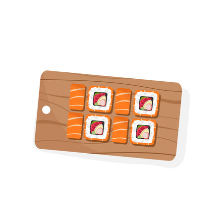 Set of rolls on a wooden board on a white insulated background. vectorのイラスト素材