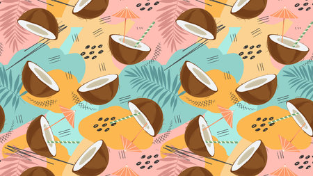 Coconut, cocktail, leaves and abstract elements on a horizontal background. Summery, tropical seamless patternのイラスト素材