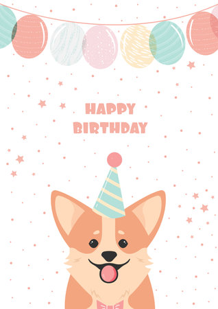 A cute birthday card with a smiling corgi face and balloons. vector templateのイラスト素材
