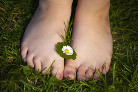 Little childs feet on a grass with a flower