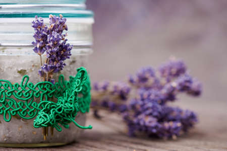 Handmade DIY natural sugar body scrub with lavender and coconut oilの写真素材