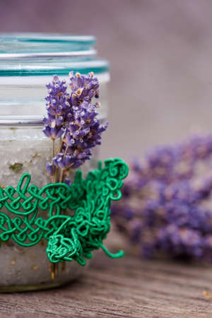 Handmade DIY natural sugar body scrub with lavender and coconut oilの写真素材