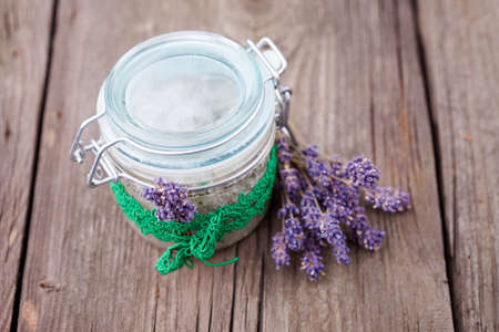 Handmade DIY natural sugar body scrub with lavender and coconut oilの写真素材