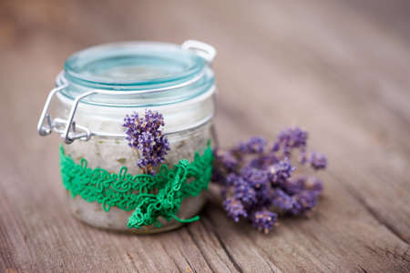 Handmade DIY natural sugar body scrub with lavender and coconut oilの写真素材