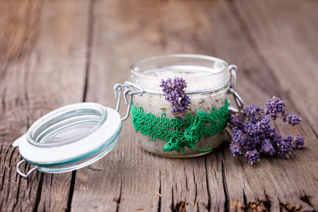 Handmade DIY natural sugar body scrub with lavender and coconut oilの写真素材