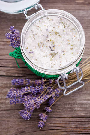 Handmade DIY natural sugar body scrub with lavender and coconut oilの写真素材