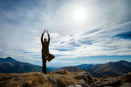 Yoga in Tatry mountains. Beautiful panorama, Czerwone Wierchy, Cervene vrchyの写真素材