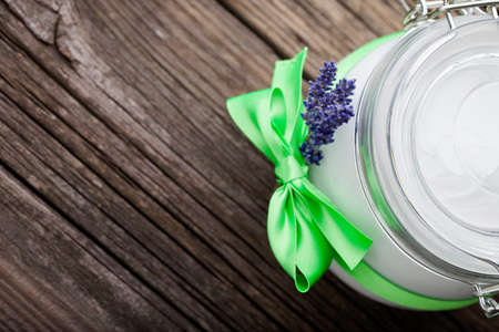 Handmade DIY natural body butter with lavender and coconut oil, almond oil and shea butterの写真素材