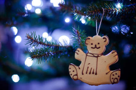 Christmas concept photo - beautiful christmas tree detail on a background of multicolor lamps