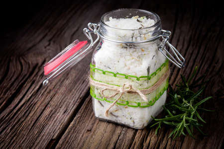 Handmade DIY natural crystal bath salt with seasalt, baking soda, lavender, rosemary anf grapefruit oilの写真素材