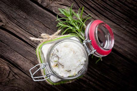 Handmade DIY natural crystal bath salt with seasalt, baking soda, lavender, rosemary anf grapefruit oilの写真素材