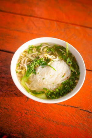 Hot cambodian broth glass noodles. Traditional khmer style soup.の写真素材