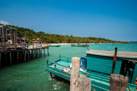 Summer seascape on tropical island Koh Rong in  Cambodia. Landscape with shipyard.の写真素材