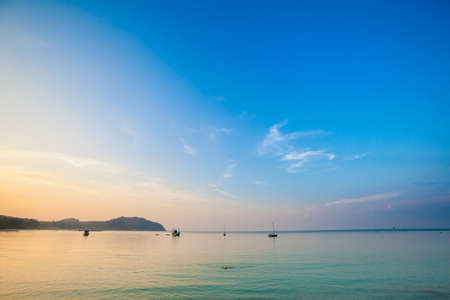 Beautiful sunset on tropical island Koh Phangan in Thailand. Chalokum beach landscape.の写真素材