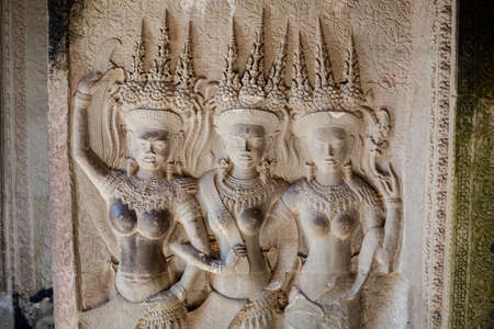 Architecture of old buddhist Angkor Wat - Archeological park temple. Monument of Cambodia - Siem...