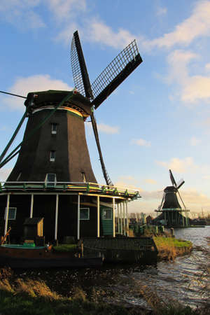Mills in Zaandam - Netherlands architecture during beautiful sunset. Landscape photo.