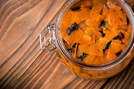 Homemade DIY natural vegan healthy salmon made of  carrot with nori algae a wooden tableの写真素材