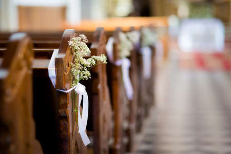 Christian detaill - church decoration for wedding marriage ceremony. Romantic floral concept.の写真素材