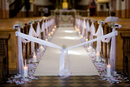 Christian detaill - church decoration for wedding marriage ceremony. Romantic floral concept.の写真素材