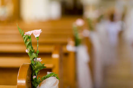 Christian detaill - church decoration for wedding marriage ceremony. Romantic floral concept.の写真素材
