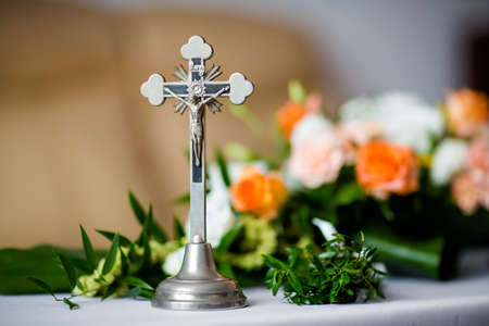 Christian detaill - traditional polish parents marriage blessing to Bride and Groom before wedding.の写真素材