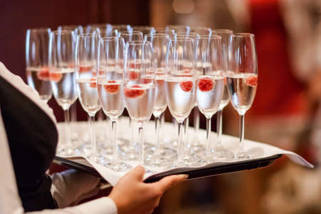 Wedding sparkling wine, champagne detail - traditional toast inviting to Bride and Groom.の写真素材