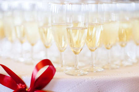 Wedding sparkling wine, champagne detail - traditional toast inviting to Bride and Groom.の写真素材
