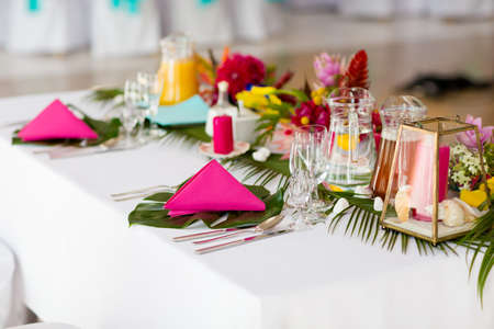 Reception tables beautifully decorated ready for wedding - Bride and Groom. Luxury conceptの写真素材