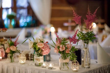 Reception tables beautifully decorated ready for wedding - Bride and Groom. Luxury concept
