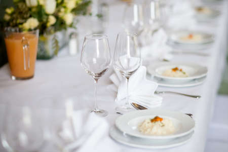 Reception tables beautifully decorated ready for wedding - Bride and Groom. Luxury conceptの写真素材