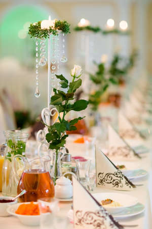 Reception tables beautifully decorated ready for wedding - Bride and Groom. Luxury conceptの写真素材