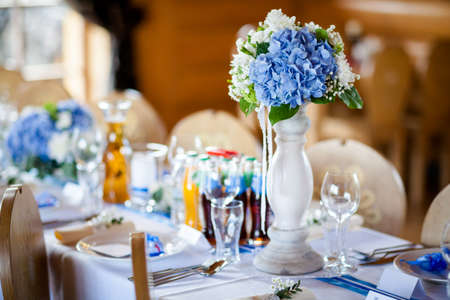 Reception tables beautifully decorated ready for wedding - Bride and Groom. Luxury conceptの写真素材