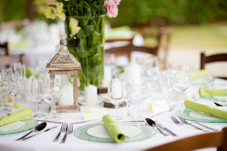 Reception tables beautifully decorated ready for wedding - Bride and Groom. Luxury concept