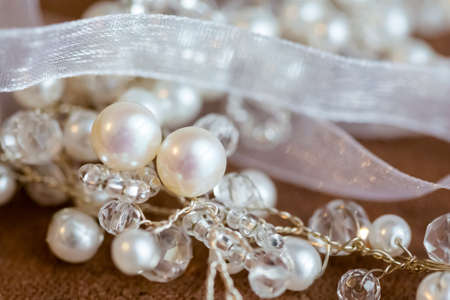 Beautiful earings and necklace jewellery of the Bride before wedding - romantic detailの写真素材