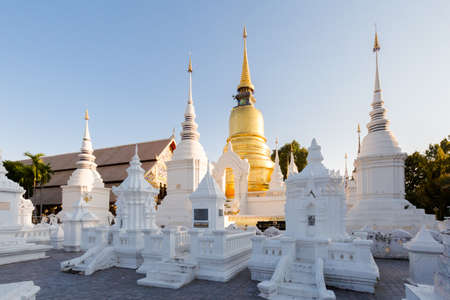 Beautiful buddhist Wat Suandok white temple in Chiang Mai in northern Thailand. Cityscape with old religion architecture in south east Asia.の写真素材