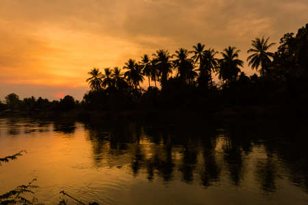 Don Khone islands in south Laos. Landscape of nature taken on four thousands islands on Mekhong river in south east asia during summer sunset.の写真素材