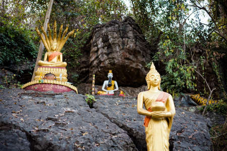 Amazing Buddhist Mount Phou Si temple in touristic Luang Prabang in Laos. Religius symbols of south east Asia.のeditorial素材