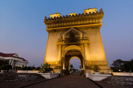 French Patuxai victory monument in capital city Vientiane in Laos. History symbols of south east Asia.の写真素材