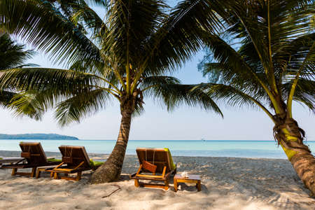 Summer landscape on tropical Koh Kood island in Thailand. Panorama of white sand beach with coconut palms taken on Klong Chao.の写真素材